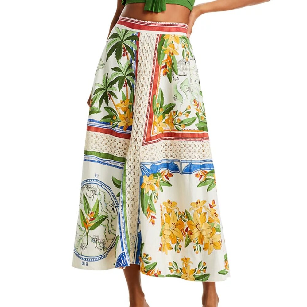 FARM Rio Tropical Destination Crochet Linen Midi Skirt, Size XL, NWT 🇧🇷